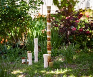 Ceramic sculptures resembling stacked coffee cups