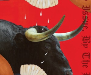 Abstract art that includes the word vote and an image of a bull