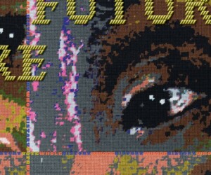 Abstract art that includes the word vote and a closeup of an eye and words True Future