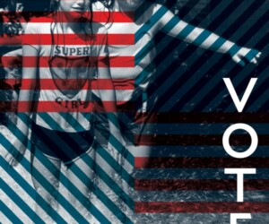 An abstract red white and blue striped design overlaid atop a photograph of two girls