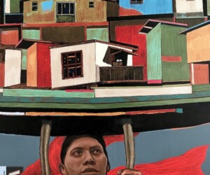 COlorful art that includes the word vote and a figure holding up small houses