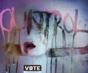 Abstract art that includes the word vote and a foggy window witha face behind it