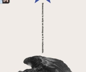 Abstract art that includes the word vote, a blue star, and an eagle