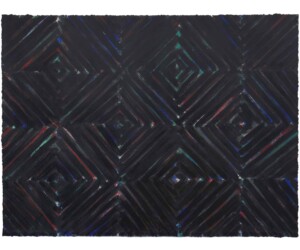 James Little, "Miss Kitt," 2024 A silkscreen print that resembles a watercolor painting with repeating diamond patterns. It is mostly black with red, blue, and green showing through the pattern.
