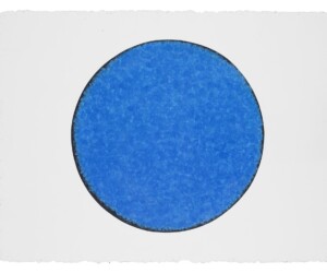 James Little, "Revisionist 1989," 2024 A silkscreen print of a blue circle with a black outline. The blue circle appears as if made from lots of small brush strokes