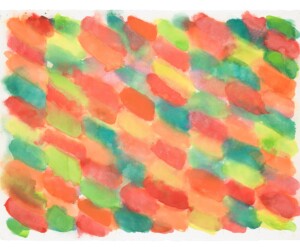 James Little, "Untitled 2020," 2024 A silkscreen print that resembles watercolor painted brush marks in various shades of yellow, green, red, and orange.