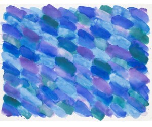 James Little, "Untitled 2020," 2024 A silkscreen print that resembles watercolor painted brush marks in various shades of blue, green, purple, and teal.